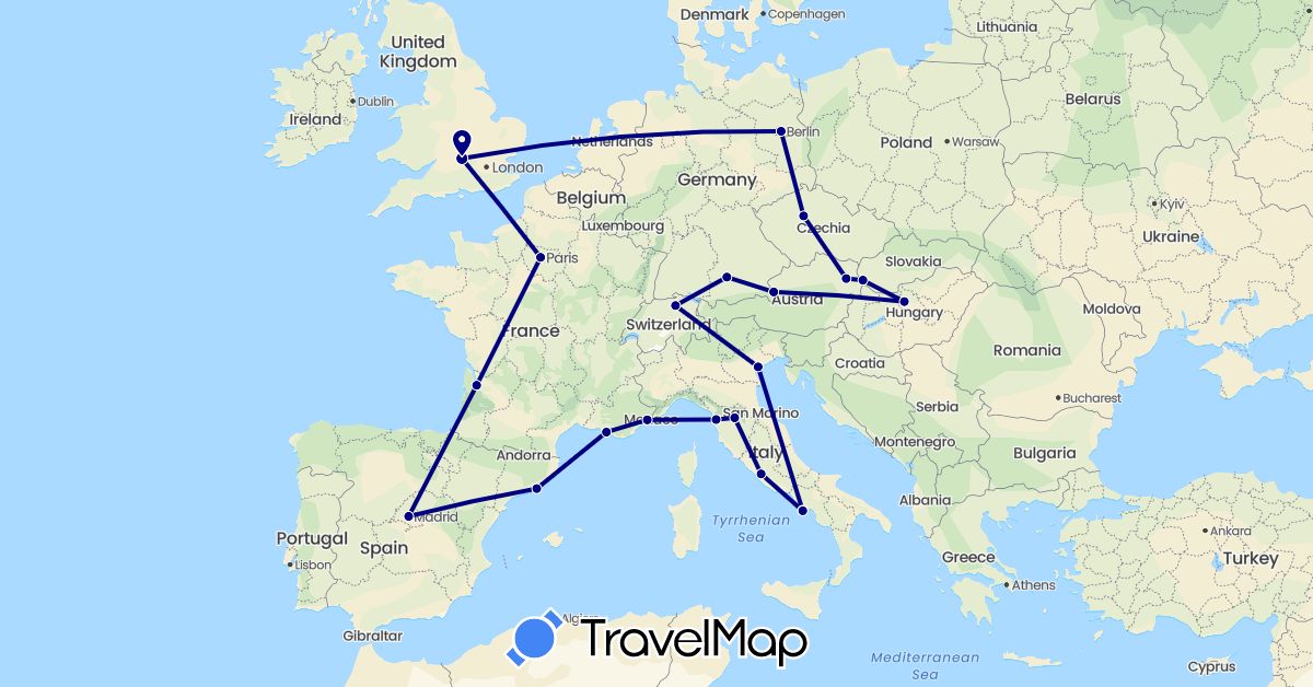 TravelMap itinerary: driving in Austria, Switzerland, Czech Republic, Germany, Spain, France, United Kingdom, Hungary, Italy, Slovakia (Europe)